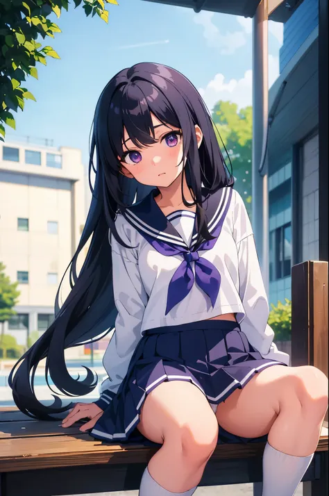 school courtyard　elementary school girl　8-year-old　flat chest　black hair　long hair　eyes are purple　embarrassed look（（1 person））　White upper body long sleeve sailor uniform　Lower body navy blue miniskirt　white panties　She is sitting on a bench and showing h...