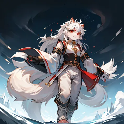 masterpiece, best quality, Very detailed, Samoyed, human nature, hairy, canine, (hairy), (clear red eyes), white hair, white dog tail, dog paw, (((black sleeves))), White short sleeve hooded, White cropped pants, whirlwind, control ice, Outdoor sports, (((...