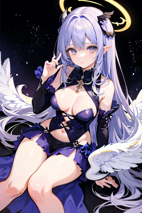 girl、fallen angel wings、both wings、angel ring、High resolution、amazing background、A space with a fantastic atmosphere、悪魔系girl