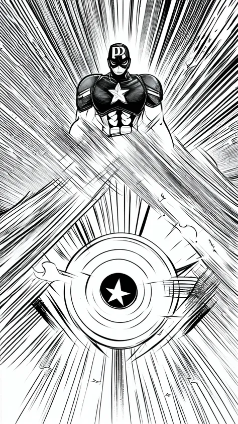 in line form, Draw Captain America, Black and white, Cool, illustration style, line, super clear, high detail, Futurism, anime, UHD