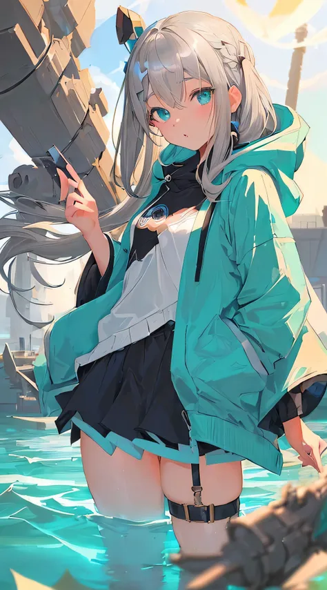 Masterpiece. shiroko model, dready (A  girl with beautiful detailed eyes, long hair, (grey hair), bright  Aqua eye, (medium breast).(Young girl , cute girl). White hoodie. black hair Clip.The depth of field in the photo is perfect and the lens flare adds a...