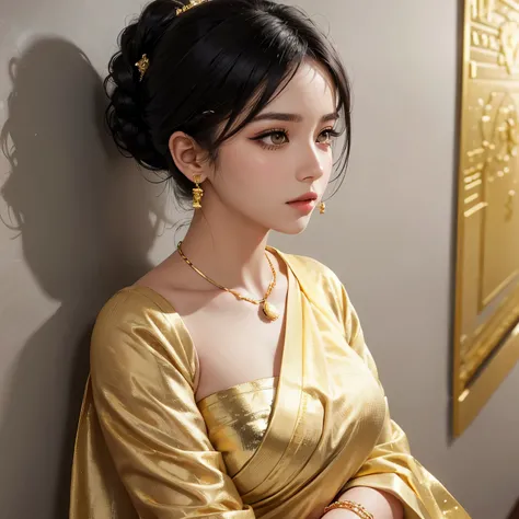 Sexy woman, black hair tied in a bun, smokey eyes, eyeliner, blushing intensely, fairest skin, plump face, soft lips, gold blouse, white saree with gold borders, pinned against a wall