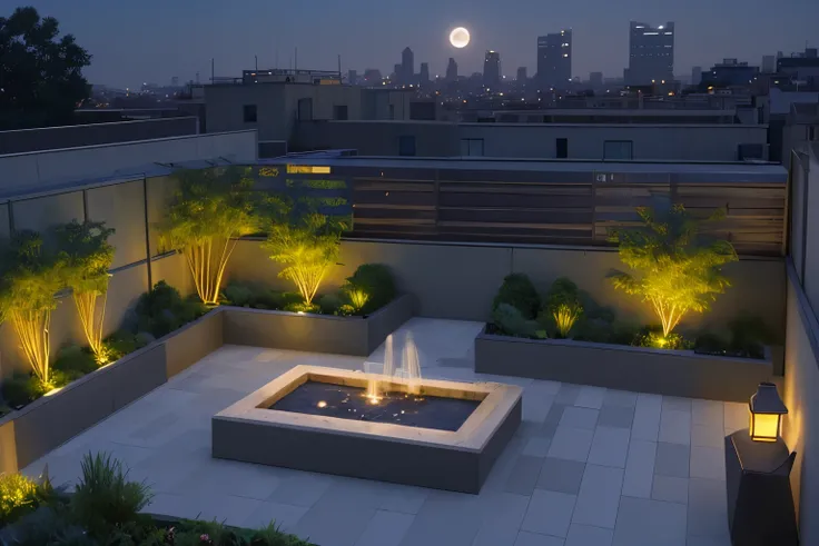 Rooftop Garden: The serene oasis of a rooftop garden at night, with plants bathed in moonlight and city lights twinkling in the distance.