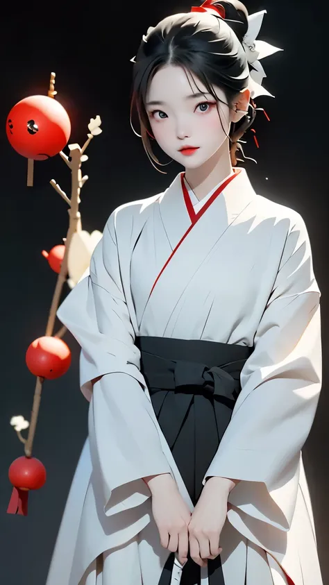 highest quality、masterpiece、1 girl、black background、black background、whole body angle、White and black hakama、in the same way、Are standing、black background、gray hair:1.5、red eyes、red lips、white clothes、Black and white world、Black and white world、pale skin、s...