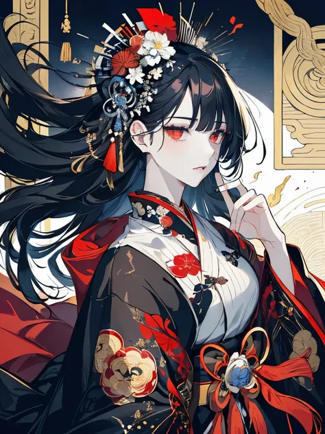 (masterpiece, top quality, best quality, official art, beautiful), Extreme Detail, female, black and white hair, long length, red eyes, black and white kimono, taisho, taisho romance, old japanese, Japanese.