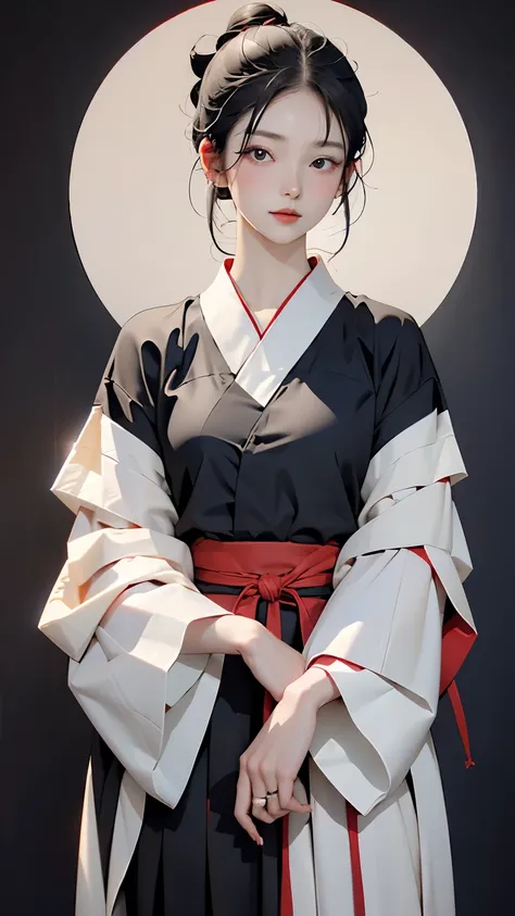 highest quality、masterpiece、1 girl、black background、black background、whole body angle、White and black hakama、in the same way、Are standing、black background、gray hair:1.5、red eyes、red lips、white clothes、Black and white world、Black and white world、pale skin、s...