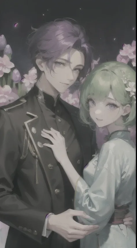 (masterpiece|wonderful), two men and women、classical beauty、hyacinth、Night fragrant orchid、(1 girl、green haired woman、woman with purple eyes、short hair、Detailed beautiful lashes、smile、beautiful black cheongsam) Vibrant colorale、boy、boy1人、A man with hair th...