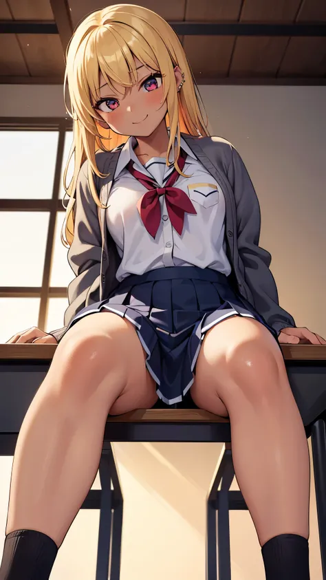 masterpiece,( best quality), ultra-detailed, extremely detailed,solo, 1girl, 💫, ⭐️, ✨,(from below,looking down:1.2),blond hair,dynamic angle,teenager,(japanese school uniform,shirt,skirt),cardigan,gyaru,piercing,smug,,naughy_smile, lovely, 8K, multicolored...