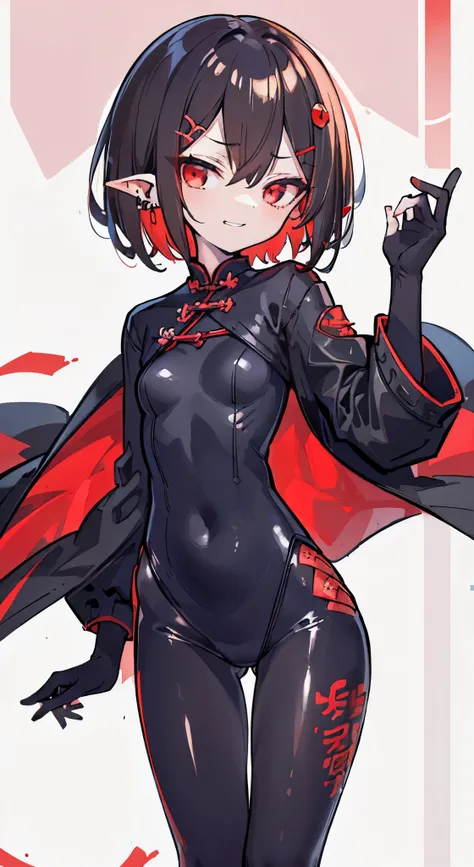 (masterpiece, sidelighting, finely detailed red eyes: 1.2), ((best quality)), ((masterpiece)), (highly detailed:1.3), anime, young girl, childish body, open coat with long sleeves, black tight-fitting bodysuit, (cheongsam), black and red gloves, pale skin,...