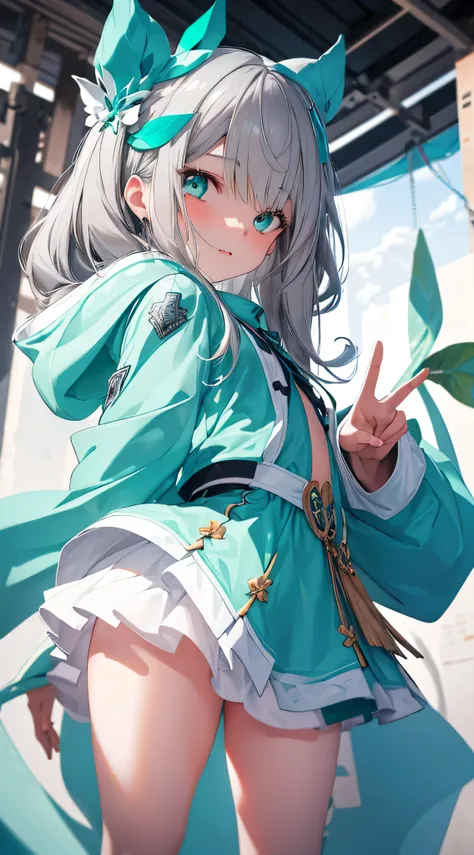 masterpiece. shiroko model, dready (a  girl with beautiful detailed eyes, long hair, (grey hair), bright  aqua eyeedium breast)....