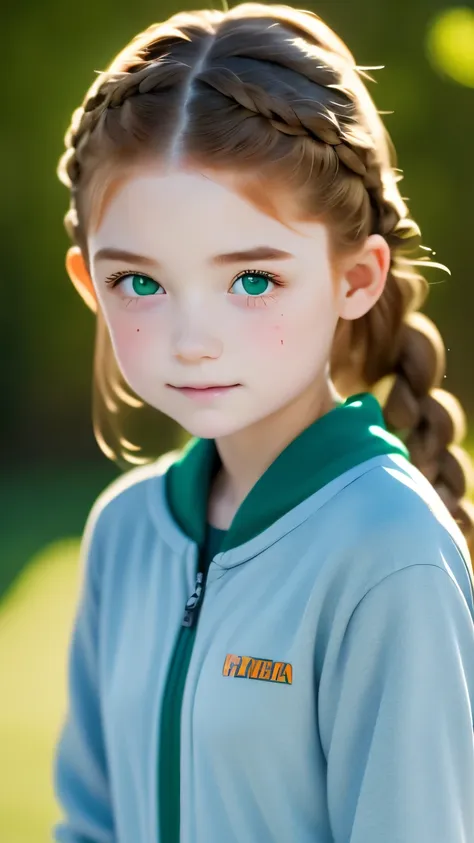 super realistic images, ginger teenager girl, cute face, an ennui look、french braid、ash gray hair、green eyes, a little freckled,...