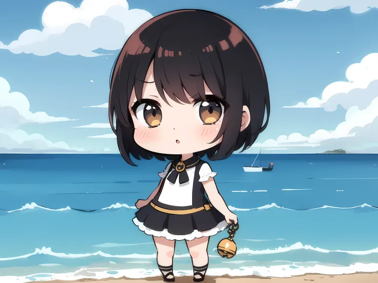 A woman in her 20s with short hair and cute clothes. ,sea backdrop ,chibi