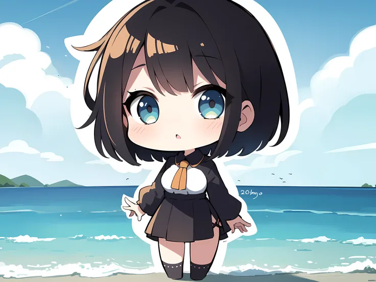 A woman in her 20s with short hair and cute clothes. ,sea backdrop ,chibi