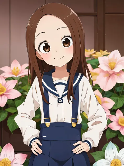 highest quality,high resolution、anime illustration style、takagi-san, one girl、closed mouth、smile、beautiful flower々park with bloo...