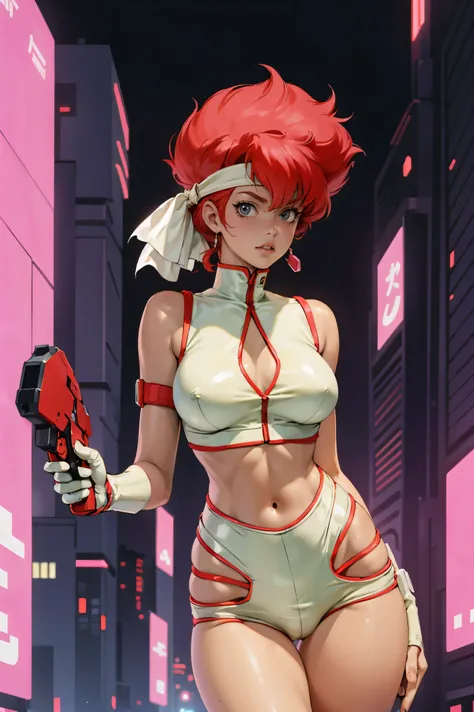 Kei from The Dirty Pair, , wearing a tight outfit, skimpy, medium breast, red hair beauty, cyberpunk city background, holding retro space-gun, headband, slim waist, slim thighs, thigh gap