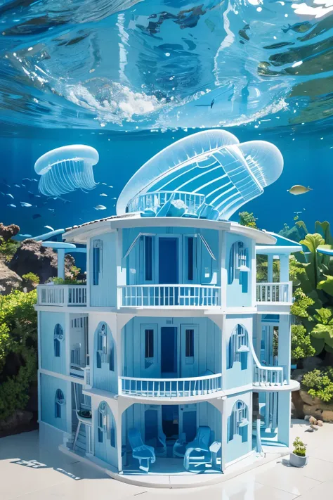 as a children&#39;s painter，Please help me design a science fiction handicraft with the theme of marine environmental protection，Requires marine animals and plants，There are very simple house buildings in the shape of jellyfish.，2 types of marine animals，T...