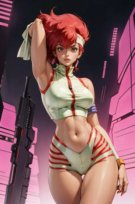 Kei from The Dirty Pair, , wearing a tight outfit, skimpy, medium breast, red hair beauty, cyberpunk city background, holding retro space-gun, headband, slim waist, slim thighs, thigh gap