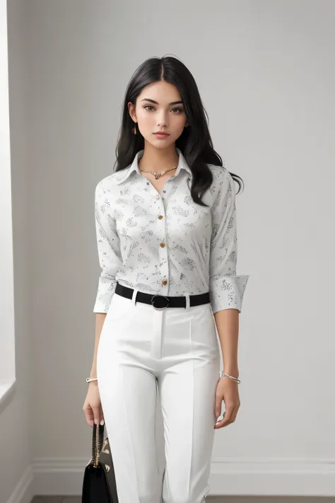 Create an image of a young woman wearing a modern white shirt, buttoned all the buttons, with a classic collar and elongated cuffs. The shirt should be monochrome and clear, free cut. On the sleeves add prints with the image of lilies of the valley. Combin...