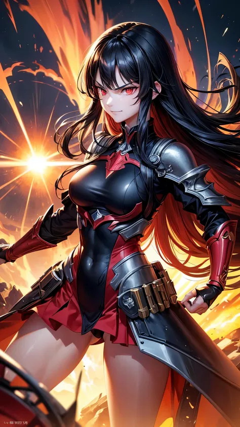 perfect anatomy, masterpiece:1.2, best quality, 8k, beautiful detailed grow, daydreaming expression, ((battle stance)) (((in the Mega Flare))) center on (solo:1.3 straight black hair long hair cute femdom girl, 17 yo, detailed red eyes, angry smile), break...