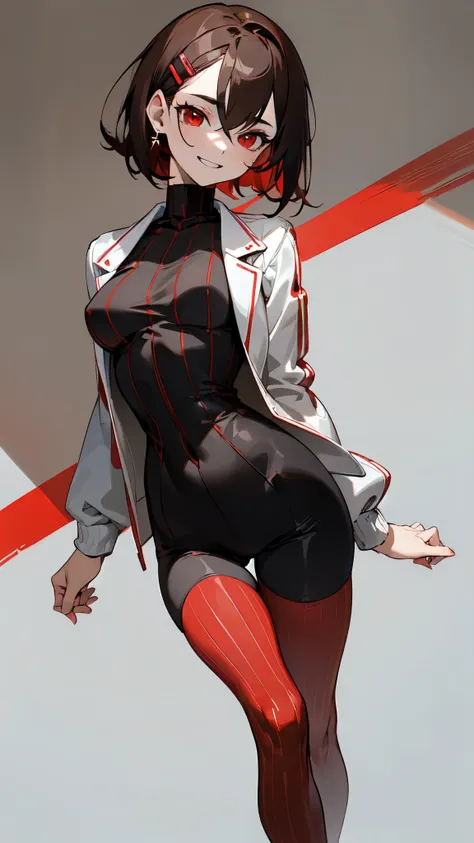 (masterpiece, sidelighting, finely detailed red eyes: 1.2), ((best quality)), ((masterpiece)), (highly detailed:1.3), anime, young girl, , childish body, bodytight shirt, turtleneck, open jacket with long sleeves, body tight shorts, pale skin, (shadowed ey...