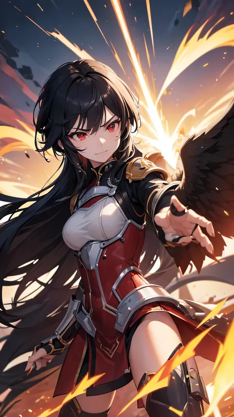 perfect anatomy, masterpiece:1.2, best quality, 8k, beautiful detailed grow, daydreaming expression, ((battle stance)) (((in the Mega Flare))) center on (solo:1.3 straight black hair long hair cute femdom girl, 17 yo, detailed red eyes, angry smile), (((on...