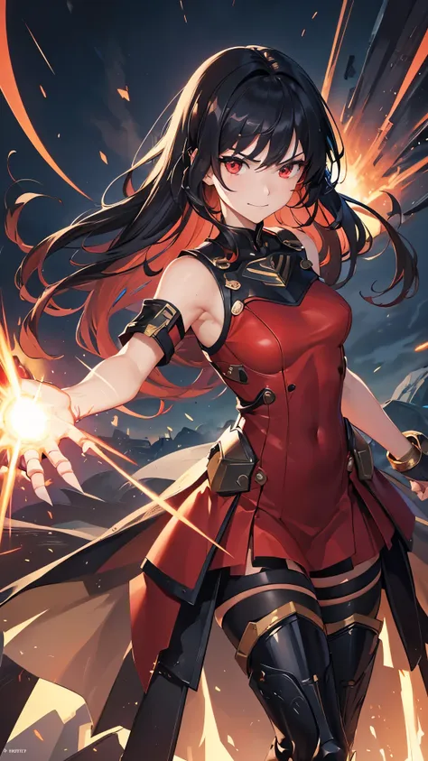 perfect anatomy, masterpiece:1.2, best quality, 8k, beautiful detailed grow, daydreaming expression, ((battle stance)) (((in the Mega Flare))) center on (solo:1.3 straight black hair long hair cute femdom girl, 17 yo, detailed red eyes, angry smile), (((on...