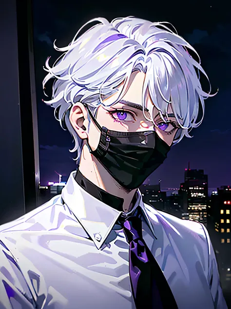 (Masterpiece, Best quality, ultra detailed),1 boy, White hair, short hair, dirty hair, ((Dark theme)), (night), ((medium shot)), ((purple eyes, Яркие purple eyes)), closed mouth, (a stern look), relaxed face, wild hair, (((very beautiful eyes))), ((Office ...