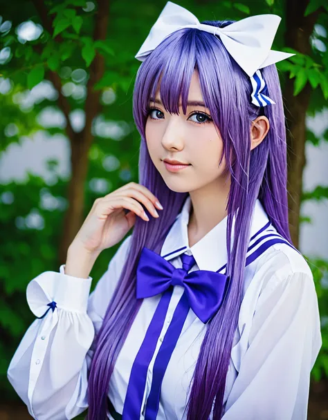 arafed woman with purple hair and a white top and a blue and white bow, anime girl cosplay, anime girl in real life, anime cospl...