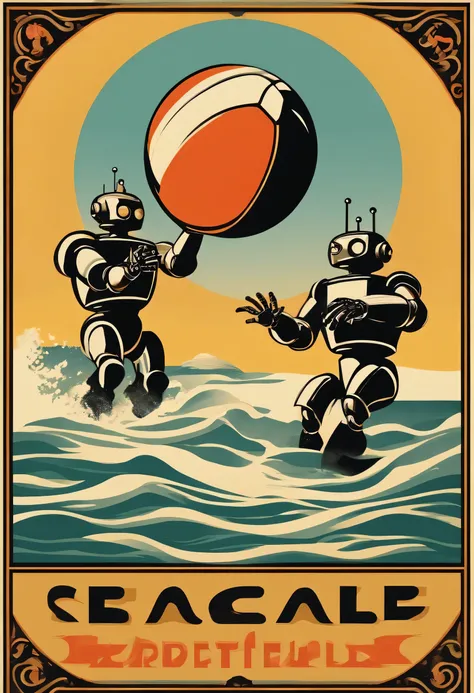 seaside, art deco poster,ball, hand drawn, hand painted, three robots in the sea throwing a ball, having fun,vintage graphic design, poster art, advertising, vintage, screen print, lithograph, perspective, simple graphic design, Art deco, art nouveau