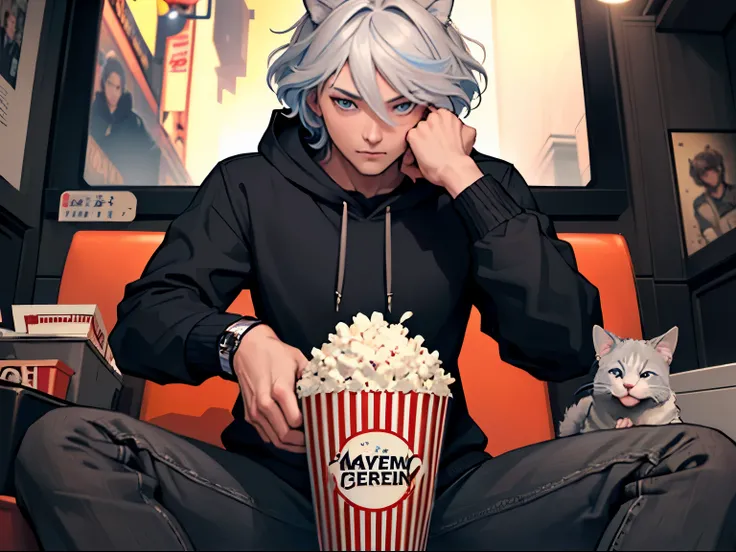 (1 person:1.5)，1 person，masterpiece, A world where magic and technology coexist, Cat ear，Cat earの男(gray hair, short hair) ，boy，beautiful eyeovie theatreの中で座る:1.5)，look away，Upper body，watch a movie，movie theatre，eat popcorn，long pants，hoodie