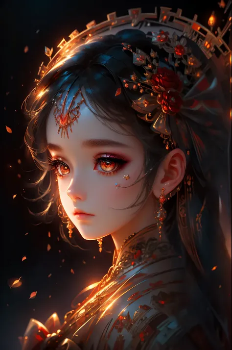 Dazzling Makeup，(masterpiece:1.2), best quality, masterpiece, A high resolution, original, Extremely detailed wallpaper, perfect lighting,(Extremely detailed computer graphics:1.2), Fan art;  1girl, 1boy, Dress, exterior, Red Sky, Yellow bow, Ultra detail