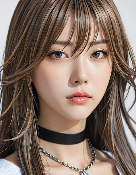 a close up of a woman with long hair wearing a choker, anime girl in real life, hyper realistic anime, realistic young anime gir...