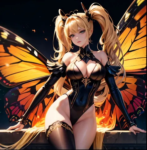 she is the butterfly queen. she has a pair of butterfly wings made of fire. she is wearing a black high leg leotard. she has a big bust. her eyes are iridescent. She is kind and gentle, But she seems so cruel and evil. she has two long blonde ponytails.