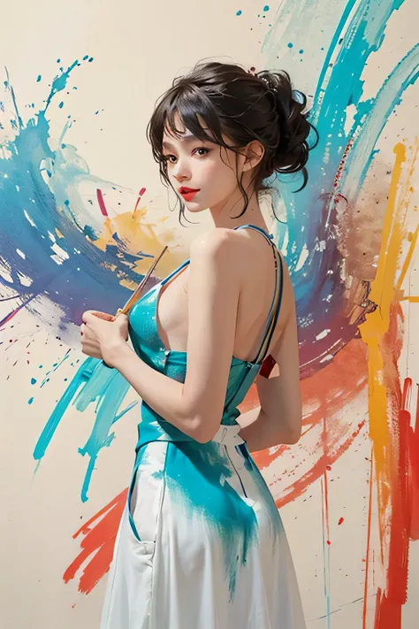 1woman wearing trendy clothes, in an abstract oil painting style, fashion show, The painting is ultra-high detailed and has a resolution of 8k, showcasing the best quality and craftsmanship. The background is colorful, with a touch of fog and smoky, creati...