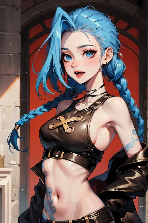 jinx (league of legends), 1girl huge big tits,pixar style, 얼굴this 빨갛다，shy，alone, give, 트윈 브레this드, long hair, Surprised eyes,Tattoo, piercing, Leather belt, bijouterie, 귀걸this, (Wide-open eyes:0.9),View viewer, arm Tattooedieval castle background:1.1), blu...