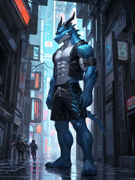 masterpiece, Anthropomorphic black dragon, white belly,There is a pair of beautiful dragon horns, blue eyes, vertical pupil,blue dragon scales,1 tail, very muscular body, OK, Only shorts, standing on the street,cyberpunk,rainy night,Sit in the corner