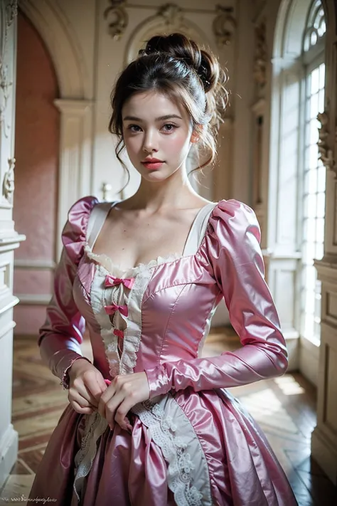 realistic photography, cute beautiful girl , rococo dress