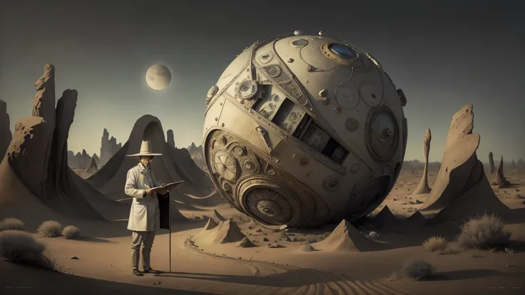 Surrealism, masterpiece, (ultra detailed) khee-Portrait of Surreal (incredible doctor) in white medical coat and gray pants, grim, has a complex detailed high-tech device (greebles,ight bulbs) glowing. Doktor stands in right half of shot. In the background...