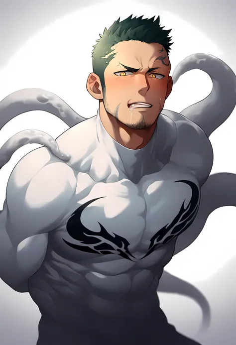 anime characters：priapus in venom tights, 1个年轻的muscular man, male focus, buzz clip, white venom skinny suit, venom logo, lots of...