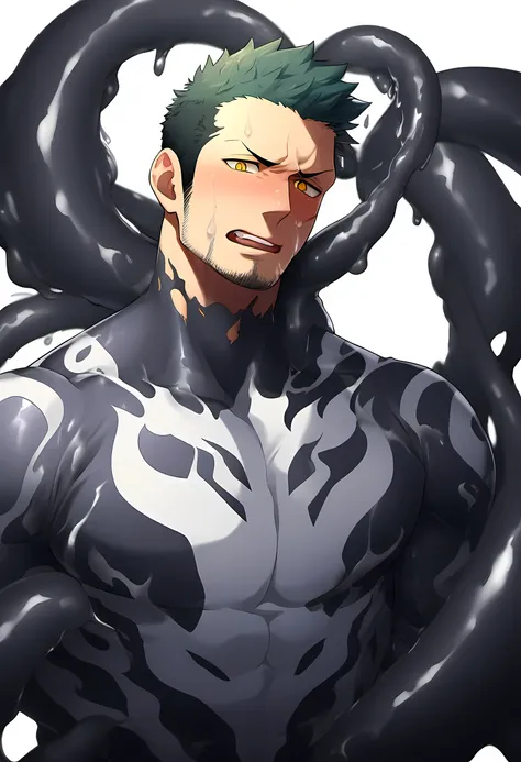 anime characters：priapus in venom tights, 1个年轻的muscular man, male focus, buzz clip, white venom skinny suit, venom logo, many sh...