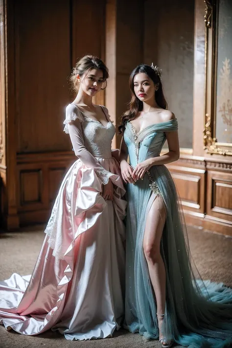 realistic full body photography, two beautiful cute women , rococo dress