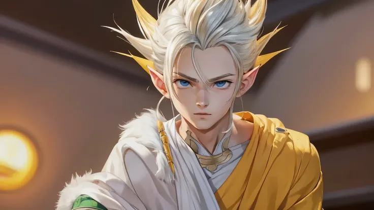 (master piece), 8k, best quality, elf boy, naive, male, teenager, 14 years old, 1.70 meters tall, white skin, thin body, pointed elf ears, beautiful finely detailed silver eyes, high forehead, spiky yellow blonde hair like Gohan from the anime dragon ball ...