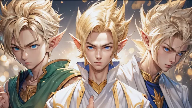 (master piece), 8k, best quality, elf boy, naive, male, teenager, 14 years old, 1.70 meters tall, white skin, thin body, pointed elf ears, beautiful finely detailed silver eyes, high forehead, spiky yellow blonde hair like Gohan from the anime dragon ball ...