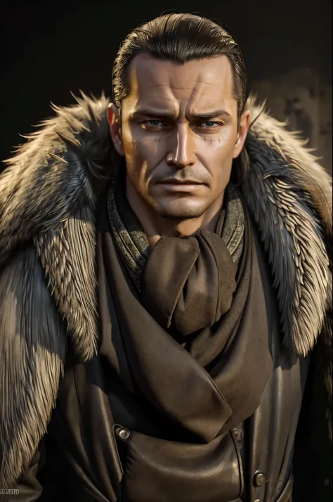 masterpiece, best quality, extremely detailed, hyperrealistic, photorealistic, a cool 40s man, ultra detailed face:1.1, fur-trimmed coat, scarf around the neck, close up shot, disappointed