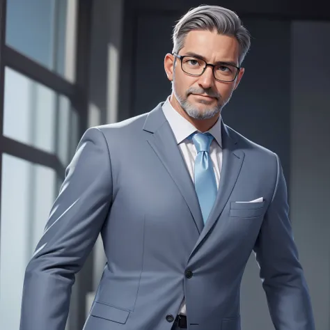 (highres, professional, realistic:1.2), portrait of a 40-year-old , slender body, investment banking trader, with a small beard, distinct grey hair, and glasses, dressed in a sleek blue suit complemented by a crisp white shirt.