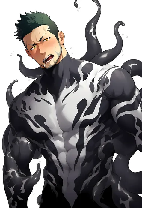 anime characters：priapus in venom tights, 1个年轻的muscular man, male focus, buzz clip, white venom skinny suit, venom logo, many sh...