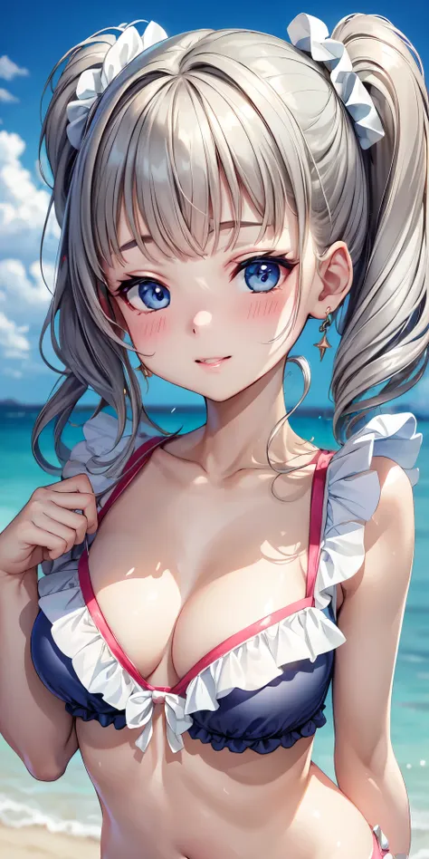 (masterpiece, best quality),kiddy,  small breast, cleavage, frilled swimwear, gray hair,,scrunchie,  , (suggestive:1.2), (smile:...