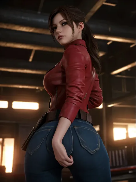 Claire Redfield, {{master part, best quality, CG extremamente detalhado, Unity 8k papel de parede, Cinematic lighting}},  1girl, Mulher nova, corpo inteiro, dia ensolarado, belos olhos detalhados, (seios grandes, clivagem), Bunda redonda, looking up at the...