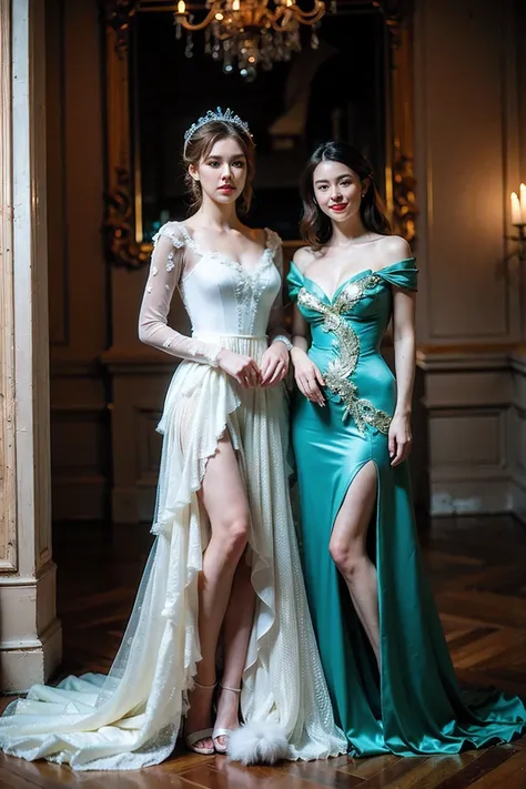 Realistic full body photography, Two beautiful cute women , Rococo dress