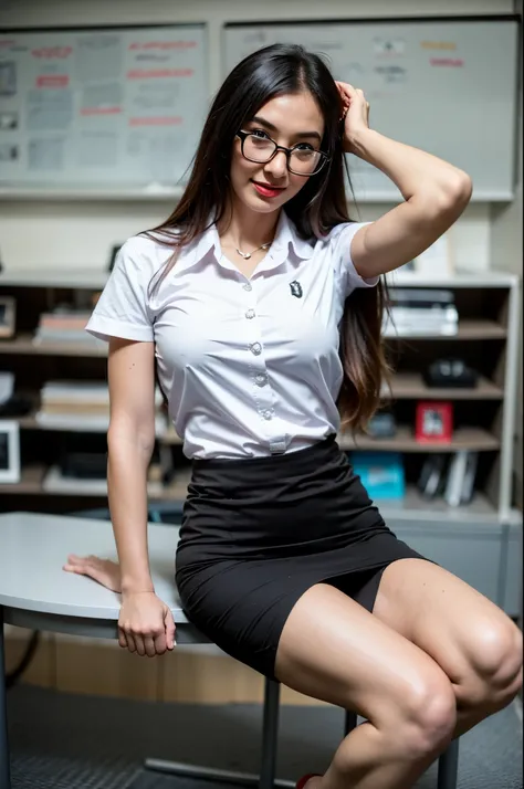 A photo of a young, nerdy woman sitting in a classroom, wearing student uniform a white shirt and a bow black mini skirt, surrounded by a cozy atmosphere, looking at the viewer.
Ponyhair, slender, red lips, transparent fabric, flirting with the camera